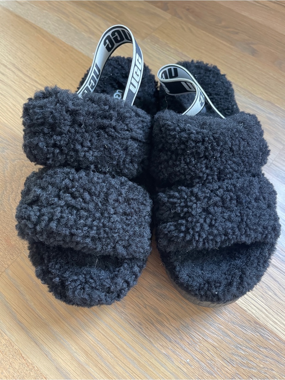 UGG Black Shearling Crossband Slide with Logo Heel Strap - Picture 2 of 5